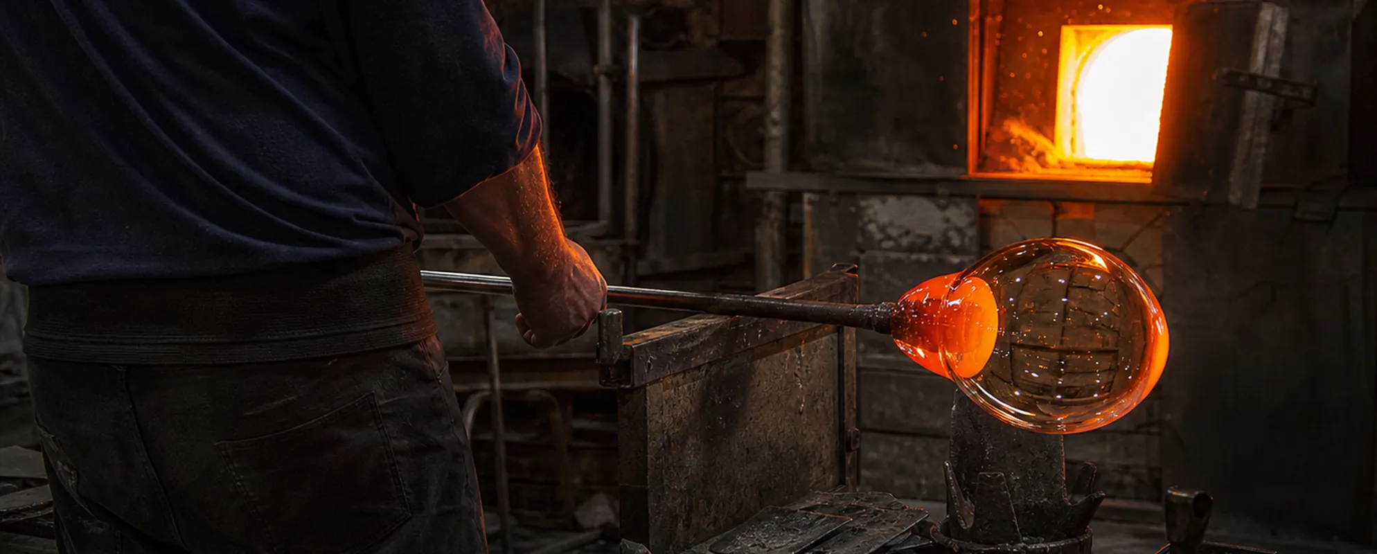 Glasmacher formt an der Pfeife eine glühende Glasblase vor dem offenen Ofen