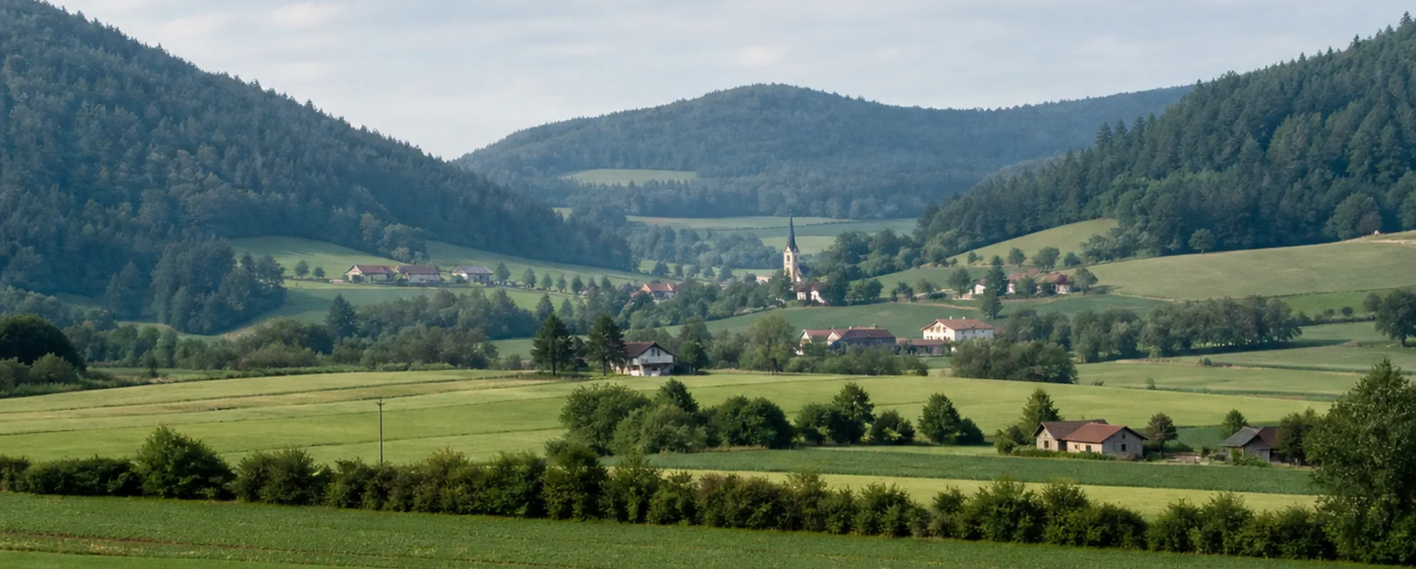 Breiter Talboden mit Feldern, Hecken und verstreuten Höfen