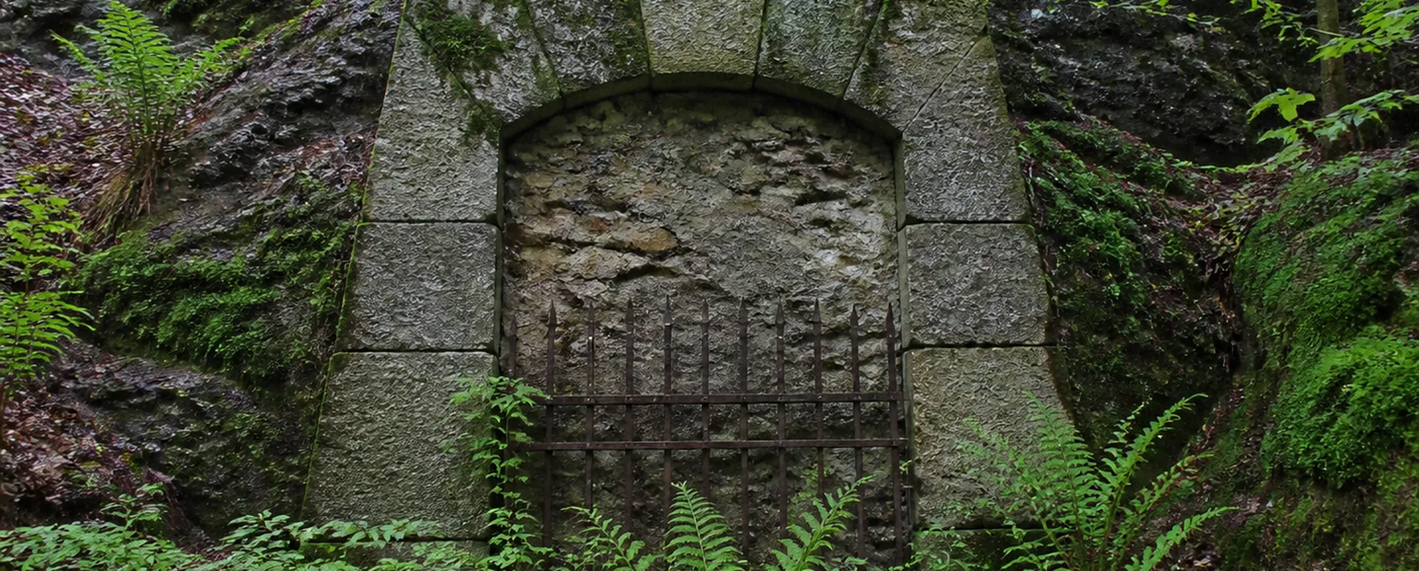 Zugemauerter alter Stolleneingang mit rostigem Gitter am Fuß eines bewaldeten Hangs