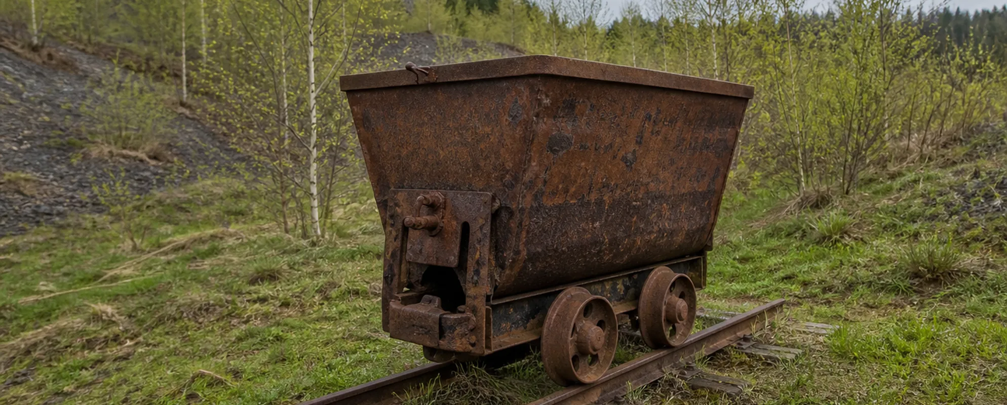 Rostige Grubenlore auf einem kurzen Gleisstück im Gras