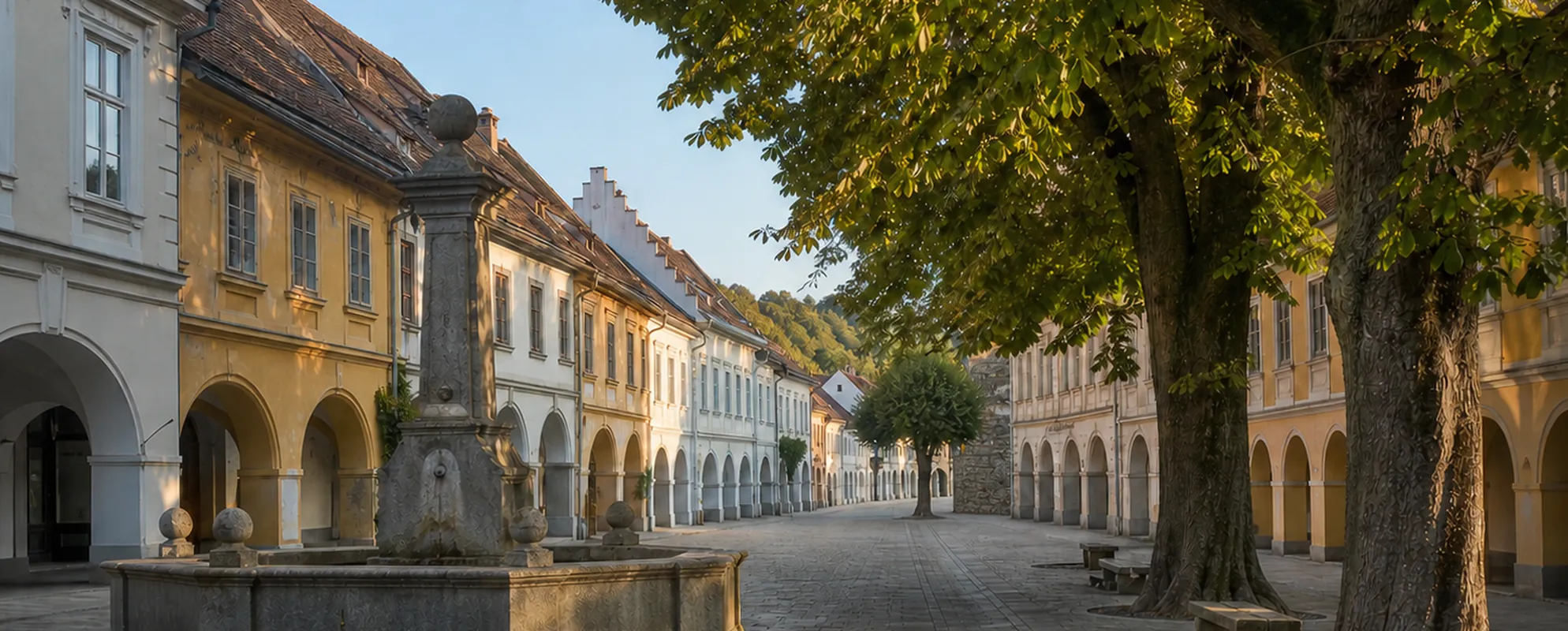 Länglicher Marktplatz mit Arkadengängen, steinernem Brunnen und Kastanienbäumen