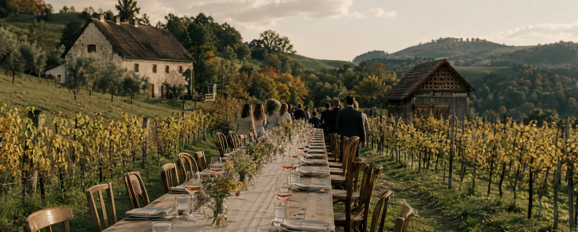Lange gedeckte Hochzeitstafel zwischen Rebzeilen, im Hintergrund ein Winzerhaus und bewaldete Hügel