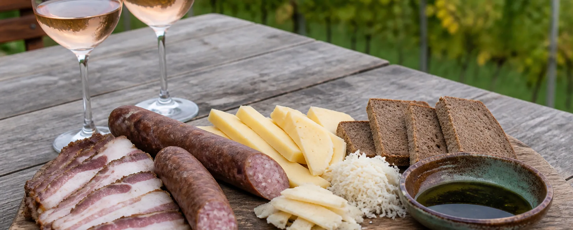 Gedeckter Holztisch mit Brettljause, Kürbiskernöl und zwei Gläsern Schilcher